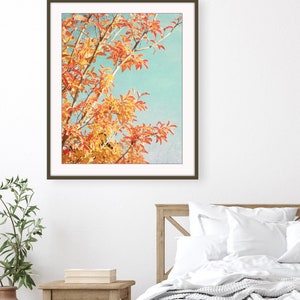 Orange Autumn Leaves Print Botanical Photography Print, Orange Teal Leaves Retro Style Nature Wall Art 8x10 11x14 Print image 3