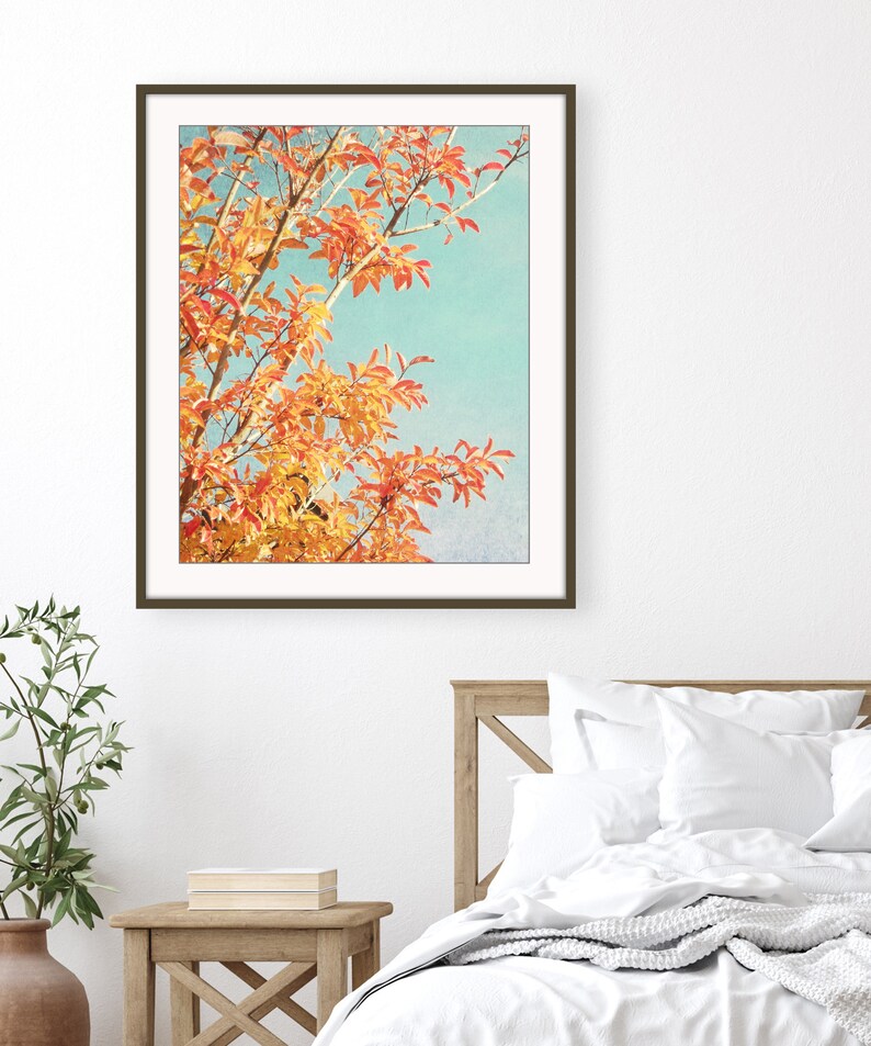 Orange Autumn Leaves Print Botanical Photography Print, Orange Teal Leaves Retro Style Nature Wall Art 8x10 11x14 Print image 3