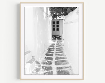 Greece Photograph - Black and White Travel Photography Print, Cobblestone, Architecture, Greece Door Print