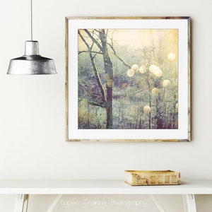 Woodland Photograph Sage Green Olive Decor Dreamy Nature Tree Wall Art Golden Sun Flare Sparkle bokeh Print, 5x5 8x8, Into the Mystic image 2