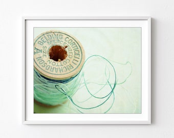 Wooden Thread Spool Print - Still Life Photography, Craft Room Decor, Vintage Spool, Mint Green, Sewing Room Wall Art, 8x10 11x14 Print