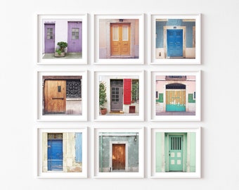 Colorful Wooden Doors, Set of Nine Print, Travel Photography, Gallery Wall, France, Italy, Lisbon, 8x8 12x12 Prints, Entryway Art