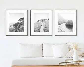 Coastal Photography - Black and White Photography, Ocean Prints, Gray Gallery Wall, Landscape Prints, 8x10 11x14, Set of 3, Living Room Art