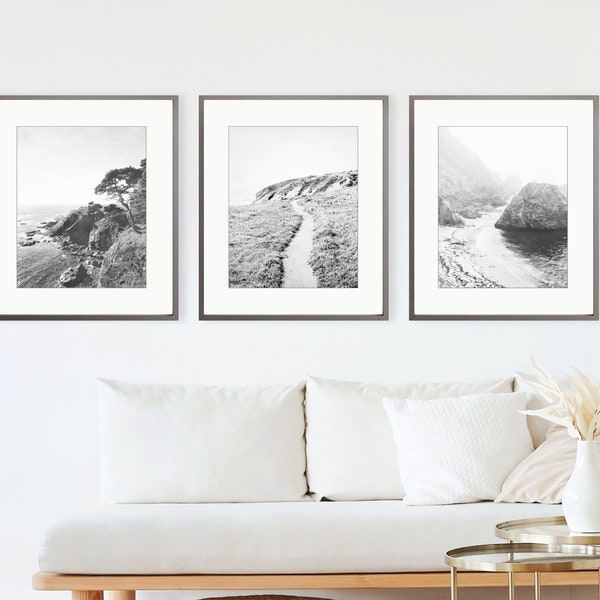Coastal Photography - Black and White Photography, Ocean Prints, Gray Gallery Wall, Landscape Prints, 8x10 11x14, Set of 3, Living Room Art