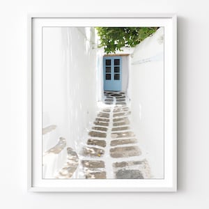 Greece Photography - Aqua Blue Door Print, Travel Photography, Cobblestone Street, Greece Blue White Wall Art, 8x10 16x20 Print