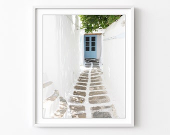 Greece Photography - Aqua Blue Door Print, Travel Photography, Cobblestone Street, Greece Blue White Wall Art, 8x10 16x20 Print