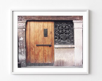 Wooden Door Venice Italy Print Travel Photography, Neutral Wall Art, Wood, Ironwork, Brown Black, Venice Wall Art, 8x10 11x14 Print