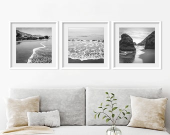 SALE Black and White Beach Photography Prints, Set of 3 Prints, Nature Photography, Gallery Wall, 8x8 12x12 Prints, Ocean Photography Prints