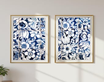 Blue And White Floral Wall Art, Lisbon Portuguese Tiles Print, Portugal Tile Azulejos - Set of Two Prints, Travel Photography - Save 20%