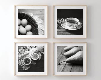 Juego de cuatro láminas - Arte para la pared de la cocina, fotografía en blanco y negro, juego de láminas de comida, decoración para el comedor, juego de 4 láminas, láminas de 8x8 y 10x10 pulgadas.