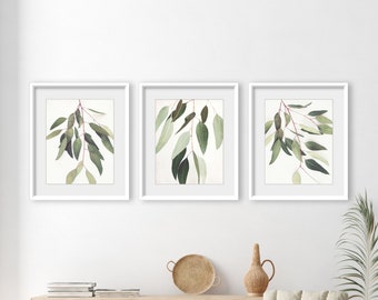 Set of Three Prints Eucalyptus Leaves Botanical Prints, Gallery Wall, 8x10 11x14, Nature Prints, Green Leaves, Living Room Wall Decor