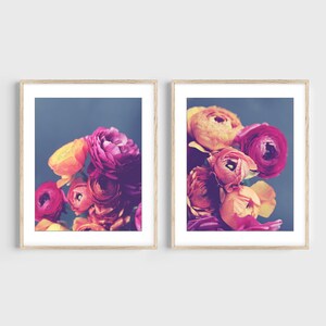 Ranunculus Flower Prints - Colorful Floral Art, Set of 2 Prints, Botanical Photography,  Dark Floral Still Life Prints, Pink Dark Gray Blue