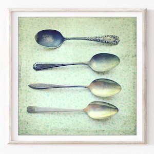 Vintage Spoons Print Kitchen Wall Art, Mint Green, Country Farmhouse Kitchen, Dining Room Wall Art, 5x5 8x8, Silverware Utensils Art Print image 3