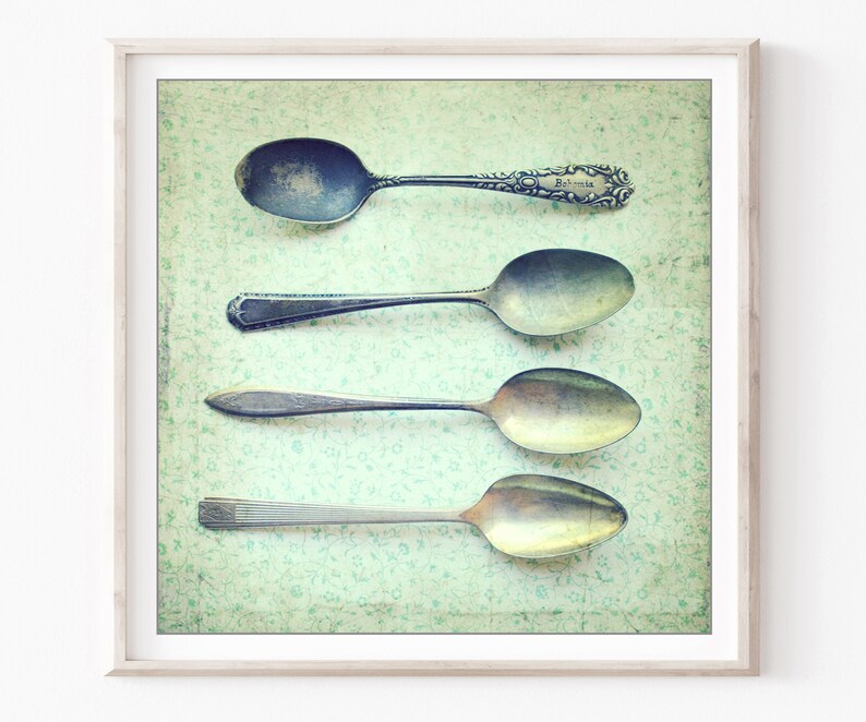 Vintage Spoons Print Kitchen Wall Art, Mint Green, Country Farmhouse Kitchen, Dining Room Wall Art, 5x5 8x8, Silverware Utensils Art Print image 3