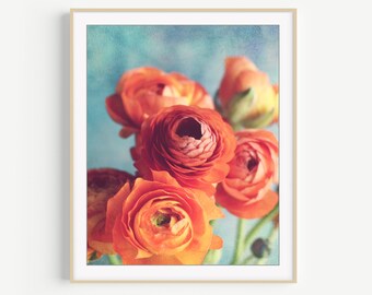 Flower Photography - Botanical Print. Ranunculus Flowers. Colorful. Floral Wall Art. Orange Aqua, Bedroom Wall Art, 8x10 16x20 Print