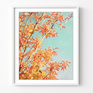 Orange Autumn Leaves Print - Botanical Photography Print, Orange Teal Leaves Retro Style Nature Wall Art 8x10 11x14 Print