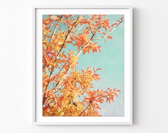 Orange Autumn Leaves Print - Botanical Photography Print, Orange Teal Leaves Retro Style Nature Wall Art 8x10 11x14 Print