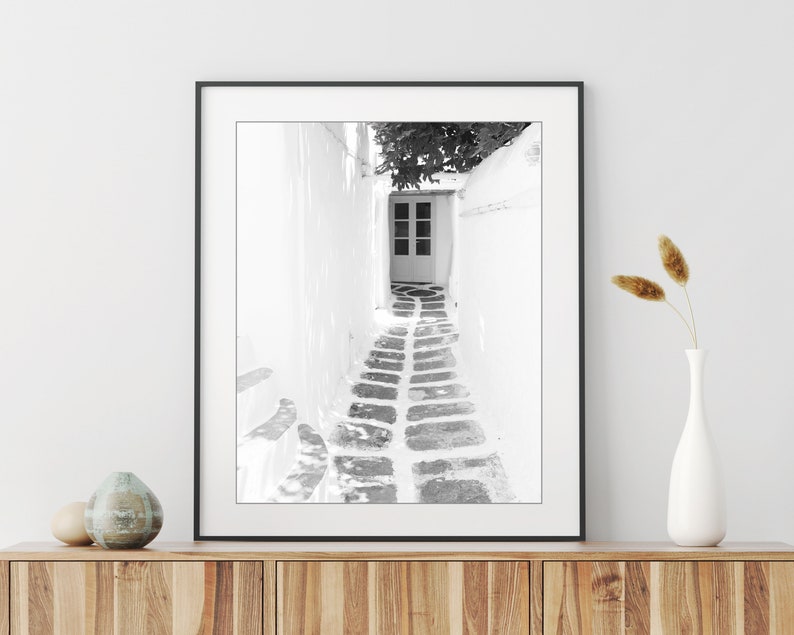 Greece Photograph, Black and White Travel Photography Print, Cobblestone, Architecture, Greece Door Print image 3