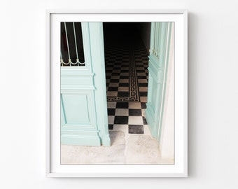 Greece Door Photograph - Aqua Blue Door, Architecture, Open Doorway, Tile Floor, Travel Photograph, Entryway Art, Greece Print