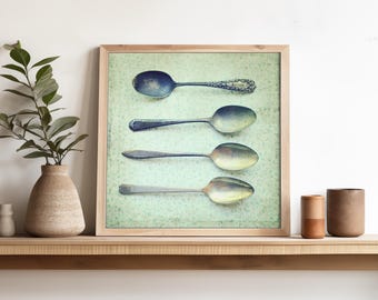 Kitchen Wall Art, Vintage Spoons Print, Mint Green Kitchen Decor, Dining Room Wall Art, 5x5 8x8, Antique Silverware Wall Art