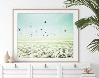 Sunny Beach Seascape Photography Print, Seagulls, Ocean Print, Beach Art for Living Room, Birds In Flight, Aqua Yellow, 8x10 11x14 12x16