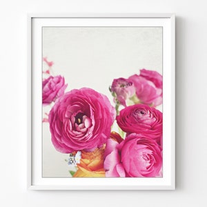 Still Life Photography, Ranunculus Flowers, Dark Pink Magenta White, Botanical Art, Flower Photography, Floral Bedroom Wall Art