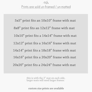 Puede incluir: Una tabla informativa gris que enumera tama&ntilde;os de impresi&oacute;n y marcos correspondientes con paspart&uacute;. Texto: Prints are sold un-framed / un-matted, 5x5 print fits an 10x10 frame with mat, 8x8 print fits an 12x12 frame with mat, 10x10 print fits an 14x14 frame with mat, 12x12 print fits an 16x16 frame with mat, 14x14 print fits an 18x18 frame with mat, 16x16 print fits an 20x20 frame with mat, 20x20 print fits an 24x24 frame with mat, this is with the 2 mat on each side, larger mats will need larger frames, custom size prints are available.