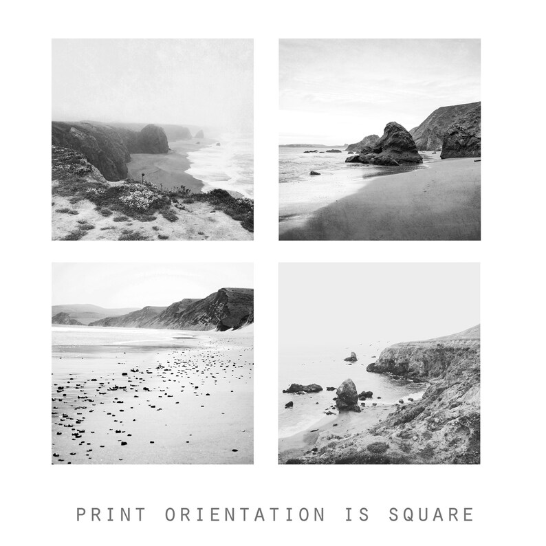 Puede incluir: Un conjunto de cuatro impresiones fotogr&aacute;ficas cuadradas en blanco y negro que muestran paisajes costeros con acantilados rocosos, playas de arena y olas del mar. El texto PRINT ORIENTATION IS SQUARE aparece impreso en gris abajo.