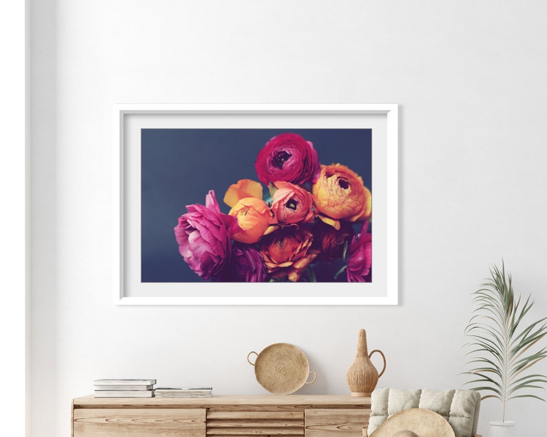 Flower Still Life Photography Dark Floral Wall Art, Pink Orange Gray, Ranunculus Flowers, 8x10 24x36 Print, Romantic Bedroom Wall Art image 7