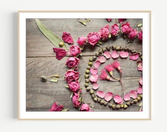 Flower Mandala Print - Still Life Photography, Floral Wall Art, Nature Print, Wood, Modern Rustic Wall Art Pink Roses Print 8x10 16x20 Print