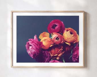 Ranunculus Art, Flower Botanical Photography Print Dark Floral Still Life Print 12x16 16x20 Wall Art