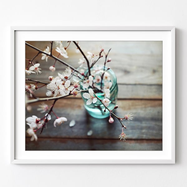 Plum Blossoms Still Life Print - Flower Photography, Rustic Farmhouse Decor, Vintage Blue Jar, Barn Wood, Pink Flowers 8x10 16x20 Print