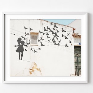 Lisbon Print, Street Art, Travel Photography, Portugal, Graffiti, Black and White, Urban Wall Art, 8x10 16x20, Flying Birds Print