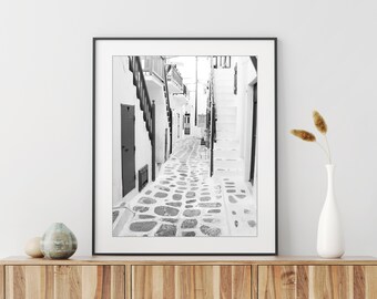 Greece Travel Print Black and White Photography, Cobblestone Street, Architecture Wall Art Print, Travel Photography Print, 8x10 11x14 Print