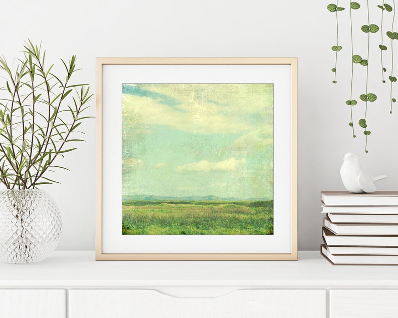 Summer Meadow Landscape Photography Retro Style Pastel Blue Green Vintage Inspired Rustic Farmhouse Living Room Art Square Wall Art Print image 5