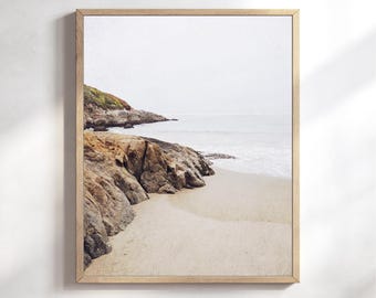California Beach Print, Coastal Photography, Rustic Beach Art, Rock Formations, Sandy Shore Neutral Minimal Beach Living Room Art