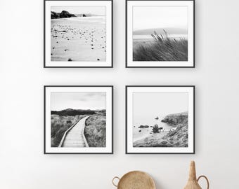 Juego de cuatro láminas - Fotografía de playa en blanco y negro, California, láminas oceánicas, juego de 4, conjunto de arte mural costero, láminas de 8x8, 10x10 y 12x12 pulgadas.