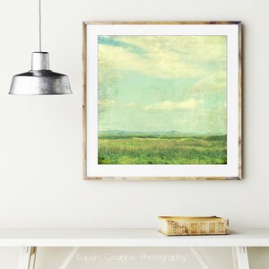 Summer Meadow Landscape Photography Retro Style Pastel Blue Green Vintage Inspired Rustic Farmhouse Living Room Art Square Wall Art Print image 3