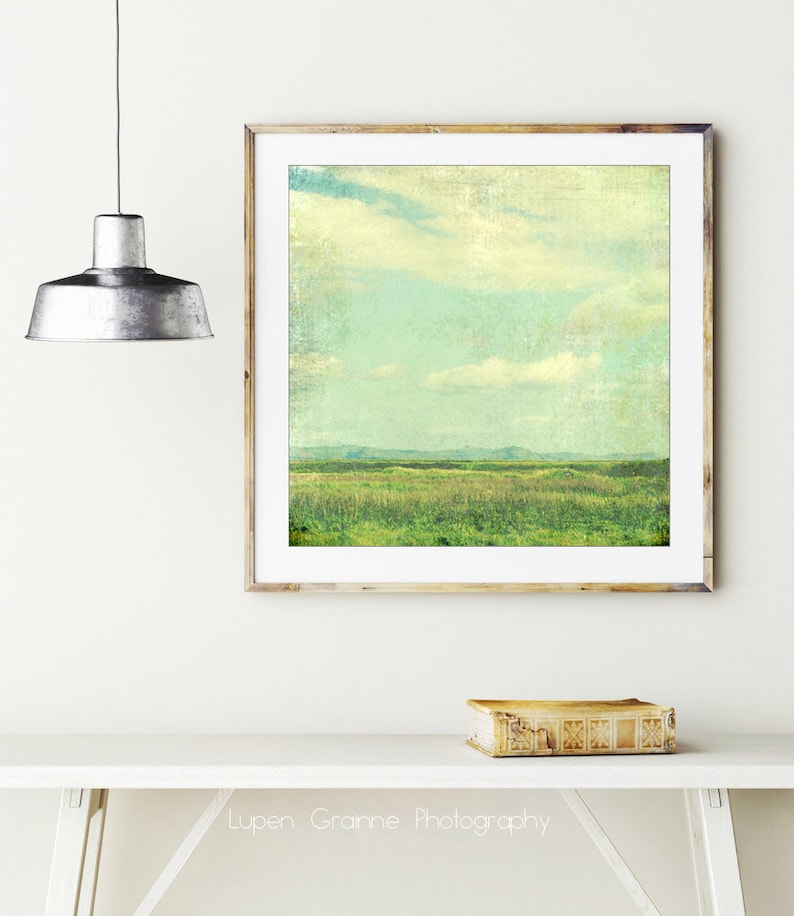 Summer Meadow Landscape Photography Retro Style Pastel Blue Green Vintage Inspired Rustic Farmhouse Living Room Art Square Wall Art Print image 3