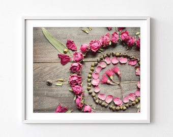 Flower Mandala Print - Still Life Photography, Floral Wall Art, Nature Print, Wood, Modern Rustic Wall Art Pink Roses Print 8x10 16x20 Print