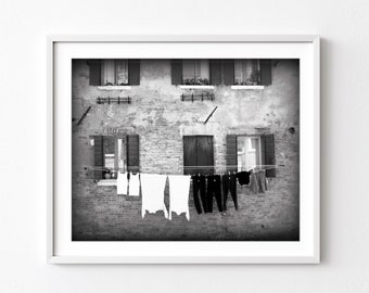 Laundry Room Wall Art, Venice Italy Print, Black and White Travel Photography, Laundry Clothes Line, White Laundry Print