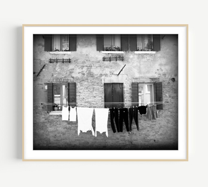 Laundry Room Wall Art, Venice Italy Print, Black and White Travel Photography, Laundry Clothes Line, White Laundry Print image 6