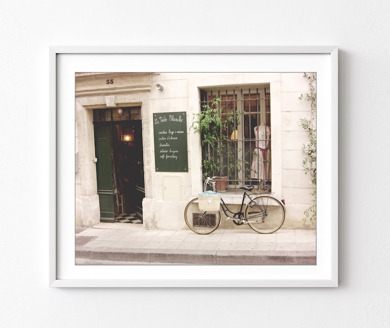 France Bicycle Print, Travel Photography, French Boutique, Shop Window, Beige Cream, Bike Photograph, Neutral Wall Art, Bike Wall Art image 1