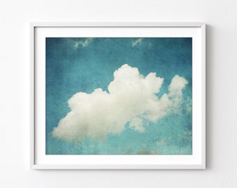 Cloud Photography, Blue Sky Wall Art, Cumulus Cloud Print, Nature Photography, 8x10 16x20, Blue Nursery Room Decor, Bedroom Wall Art