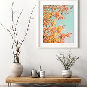 Orange Autumn Leaves Print Botanical Photography Print, Orange Teal Leaves Retro Style Nature Wall Art 8x10 11x14 Print image 5