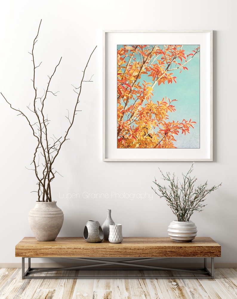 Orange Autumn Leaves Print Botanical Photography Print, Orange Teal Leaves Retro Style Nature Wall Art 8x10 11x14 Print image 5