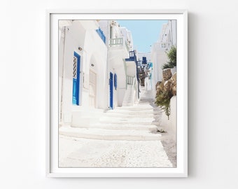 Greece Photograph, Blue White Wall Art, Travel Photography, White Stairway, Greece Architecture, Travel Photography, 8x10 11x14 Print