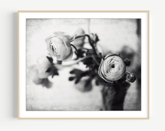 Flower Still Life Black and White Photography, Bouquet Print, Gray Floral Wall Art, Botanical Print, Ranunculus Flowers, 8x10 11x14  Print