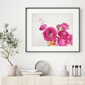 Flower Photography Botanical Wall Art, Flower Still Life Print, Floral Wall Art, Ranunculus Flowers, Bedroom Wall Art, Pink White Print image 2
