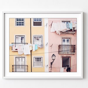 Lisbon, Laundry Room Decor, Travel Photography, Lisbon Portugal Print, Laundry Line, Pink Yellow, Clothes Line Print